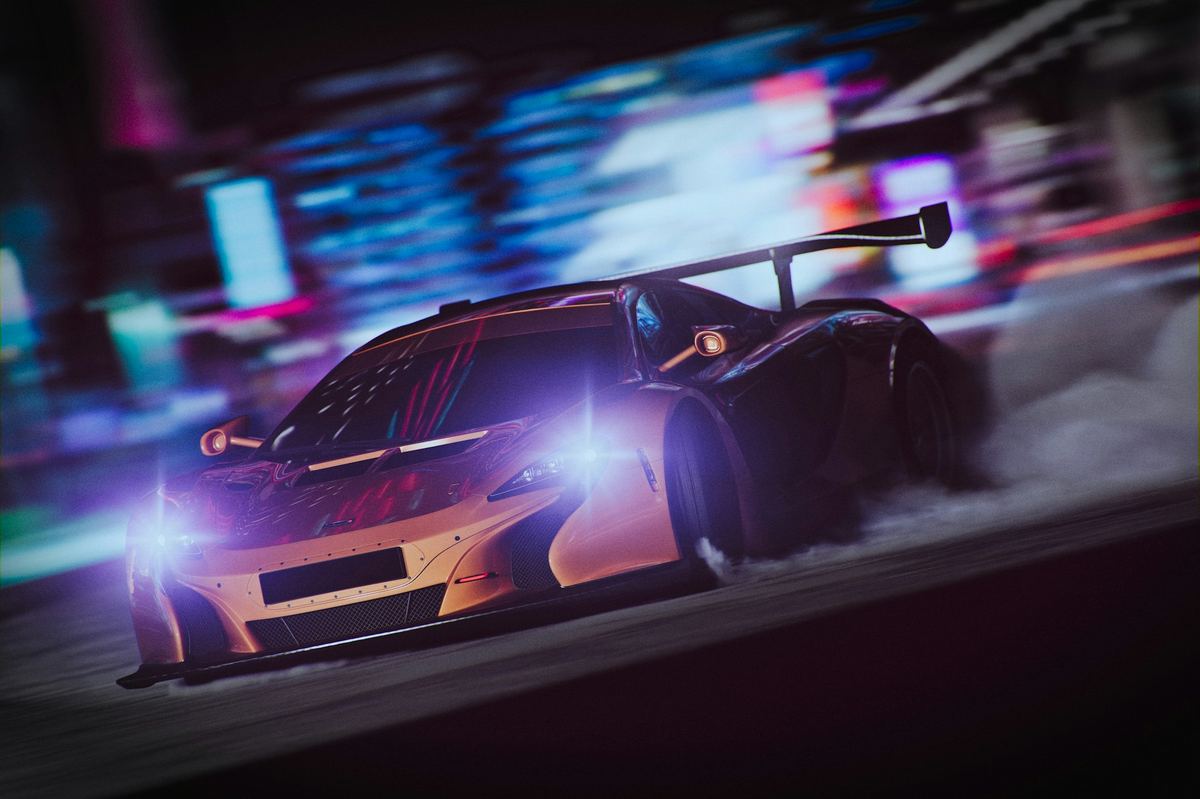 An orange McLaren supercar drifting through neon city lights